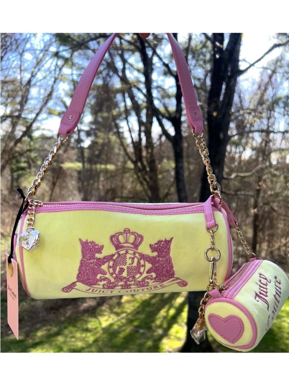 NEW! NWT JUICY COUTURE Velour Scottie Dogs Shoulder Bag Yellow Iris + Wristlet